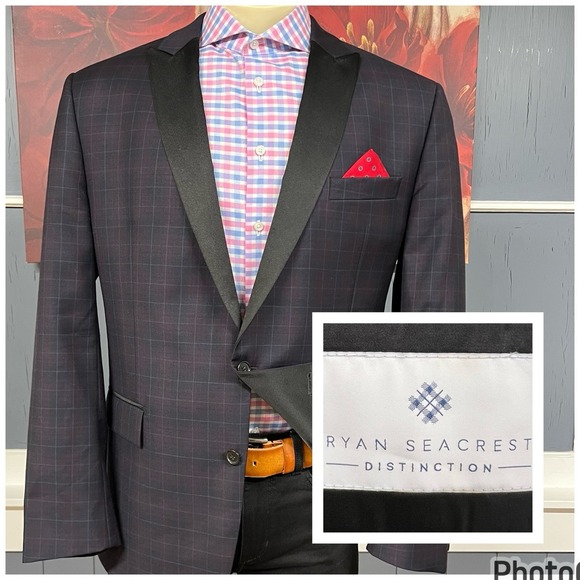 Ryan Seacrest Tuxedo Mens 46R‎ Slim Fit Wool Check Suit Jacket Peak Lapel - Picture 1 of 12